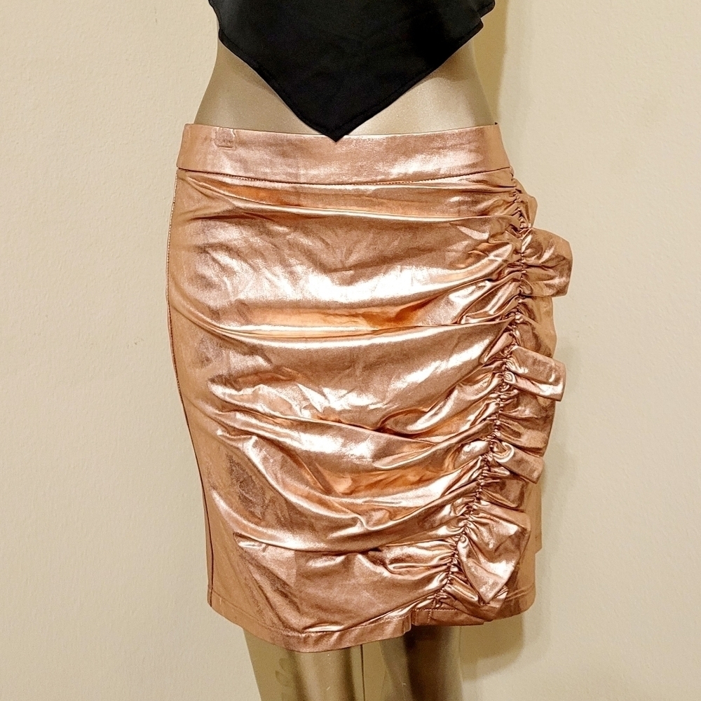 NWT ROSE GOLD METALLIC SIDE RUFFLE RUCHED MINI SKIRT - Picture 5 of 13